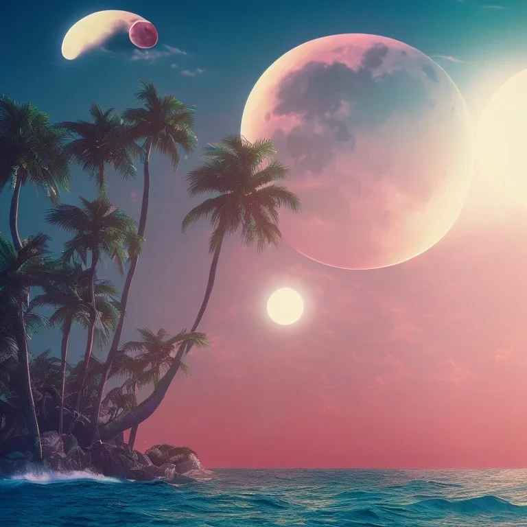 1980's vaporwave aesthetic palm trees with lightning with lunar eclipse moon crescent in the ocean waves sunset