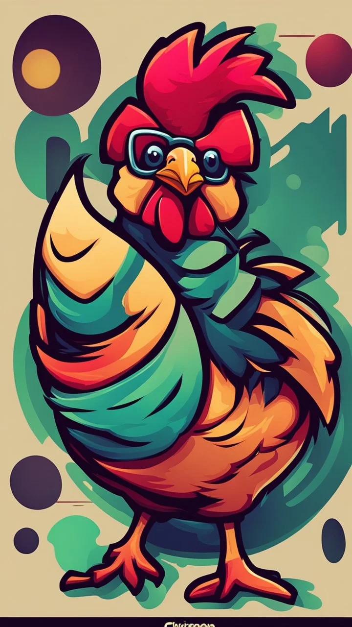 Design a vibrant, gaming-influenced logo of a chicken, featuring bright colors and a dynamic lighting scheme. Incorporate abstract shapes and textures to create an eye-catching composition.