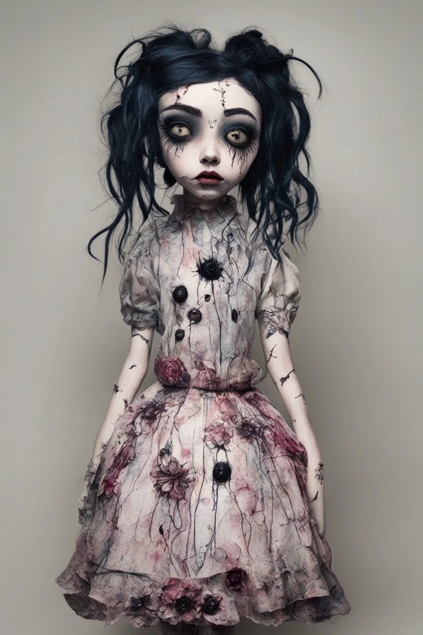 full color, illustration of a dark, menacing, monster girl Singer Melanie Martinez , as a decayed, broken, crude homemade cloth doll toy, with a narrow cracked porcelain face, thick dark eyebrows, hair made from ragged strips of cloth, in the style of Alex Pardee, Tim Burton, and Nadya Sheremet