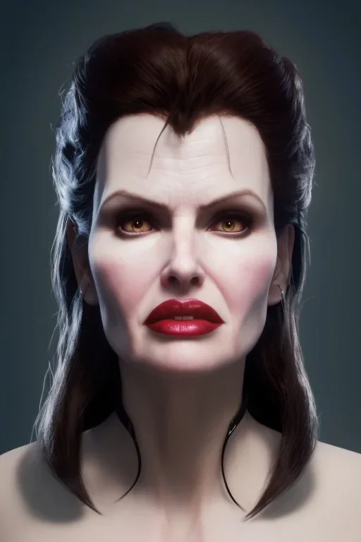 Geena Davis as evil queen in black leather, leather, busty, cleavage, angry, rage, stern look. character design by cory loftis, fenghua zhong, ryohei hase, ismail inceoglu and ruan jia. unreal engine 5, artistic lighting, highly detailed, photorealistic, fantasy