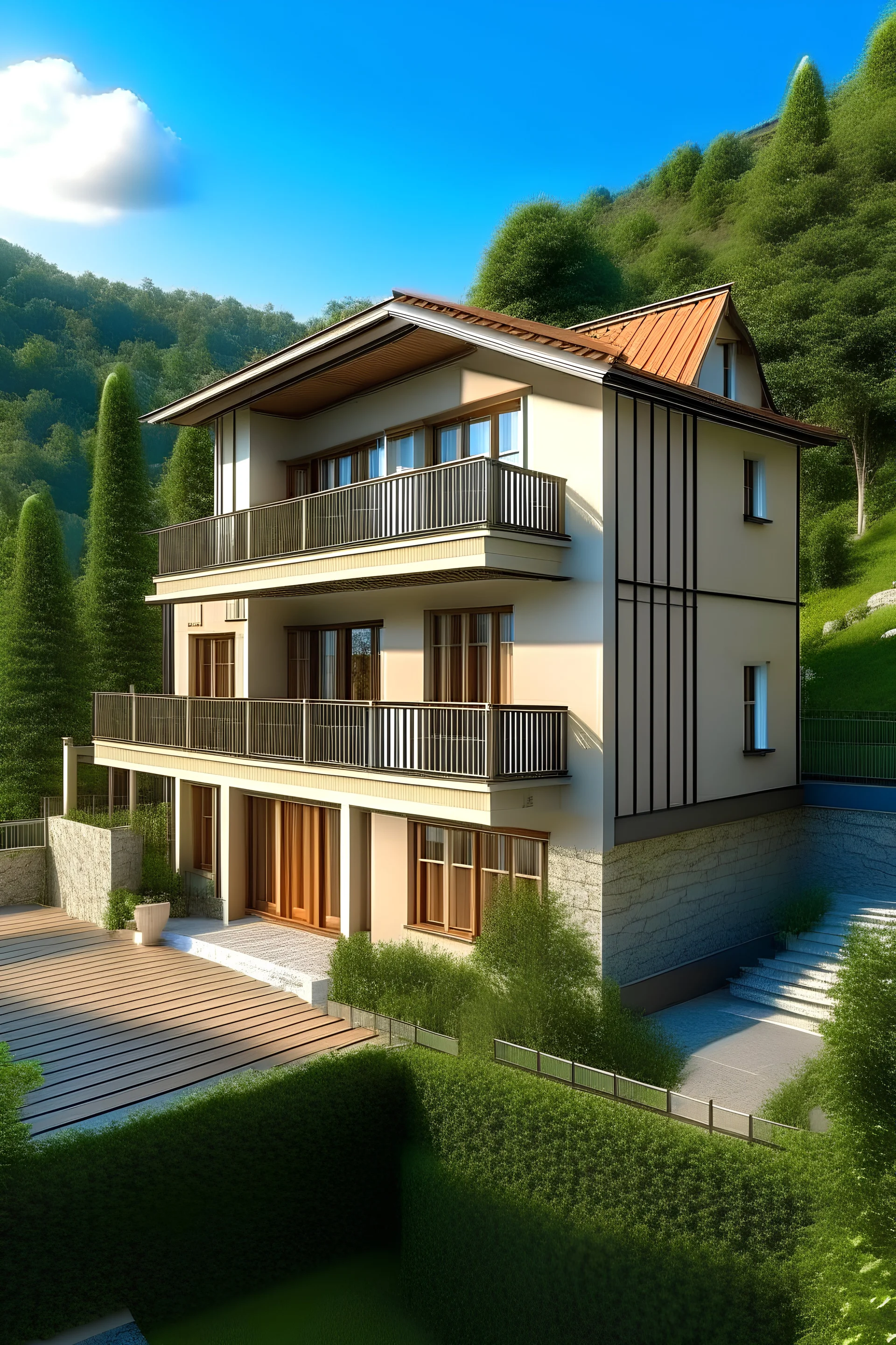 Generate a modern three story house, on a main avenue, situated in a valley