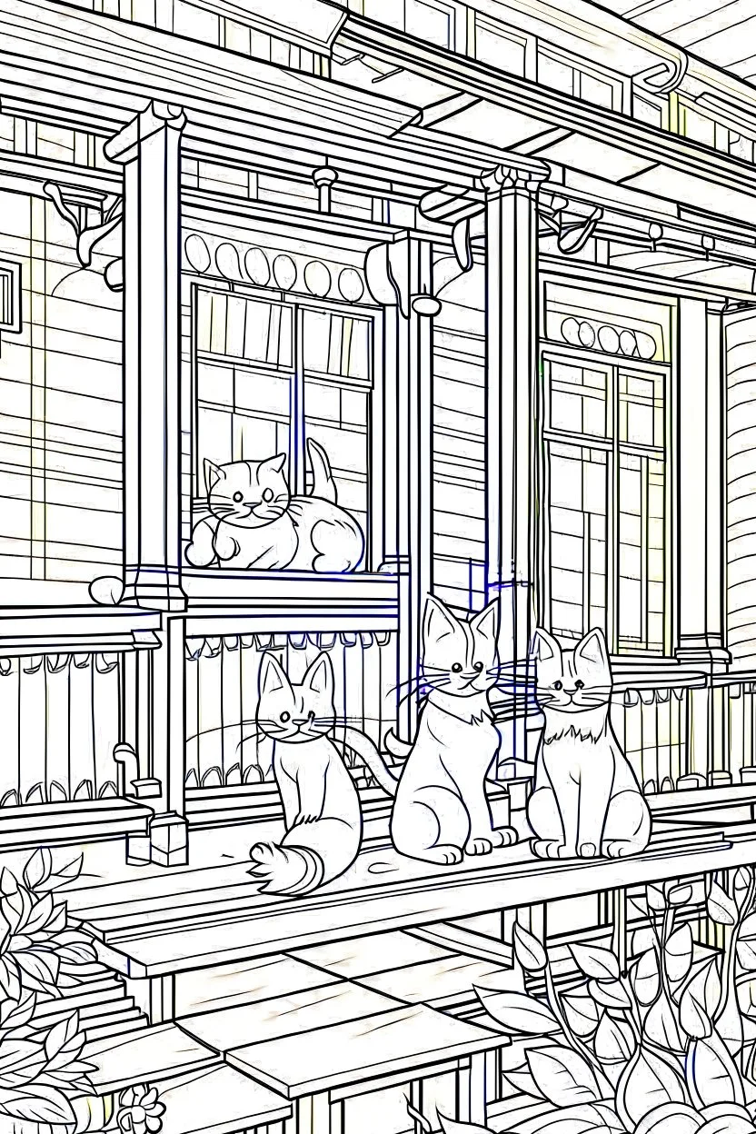 kids coloring page, Cats on the porch, cartoon style, thick lines, low detail, no shading