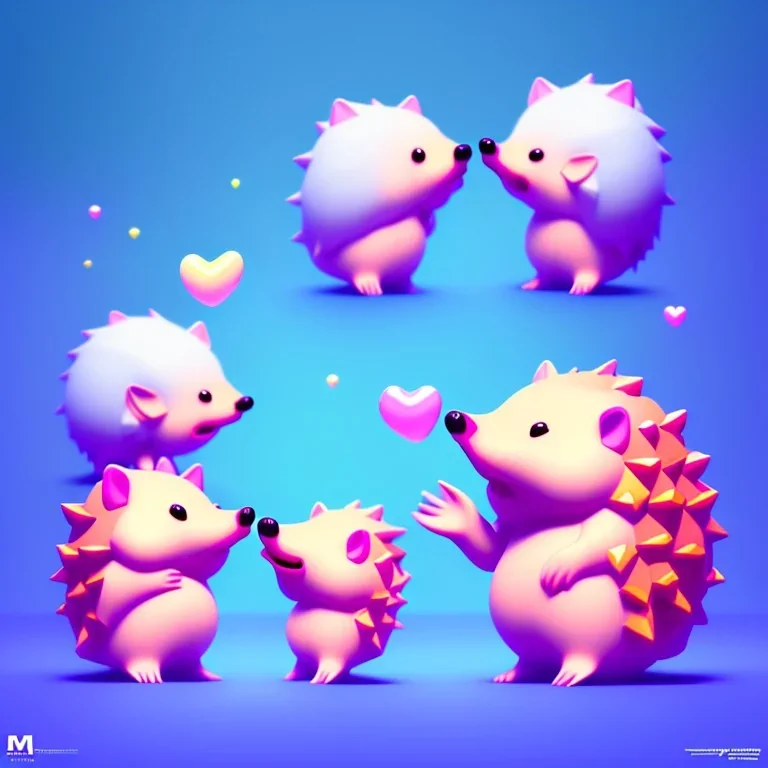 isometric clean art of two super cute baby kawaii style hedgehogs in love, soft lighting, soft pastel gradients, high definition, 3d icon clay render, blender 3d