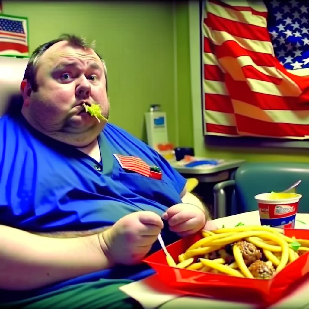 patriotic repulican super fat american eating fries in the emergency care room patient bed HD