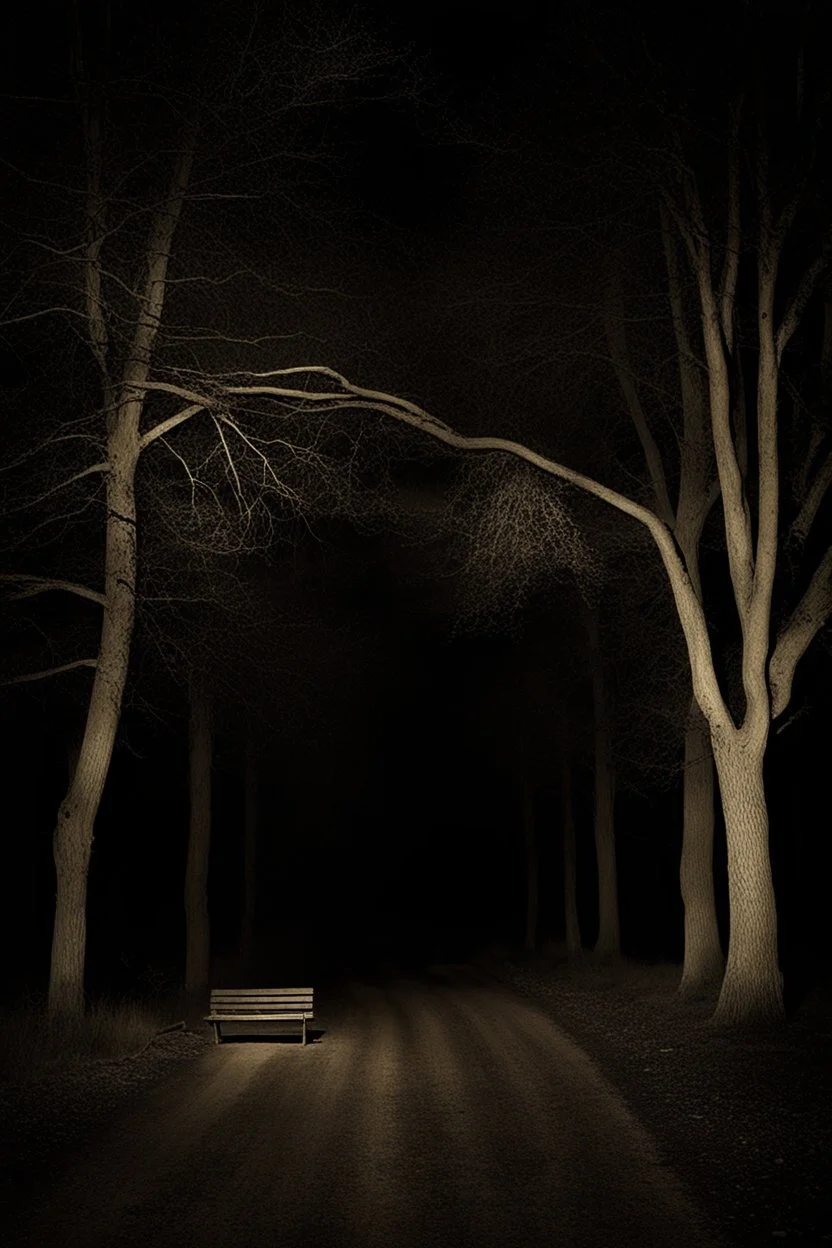 Night, square bench, dirt roads, trees, gothic horror films influence, creepy, photography