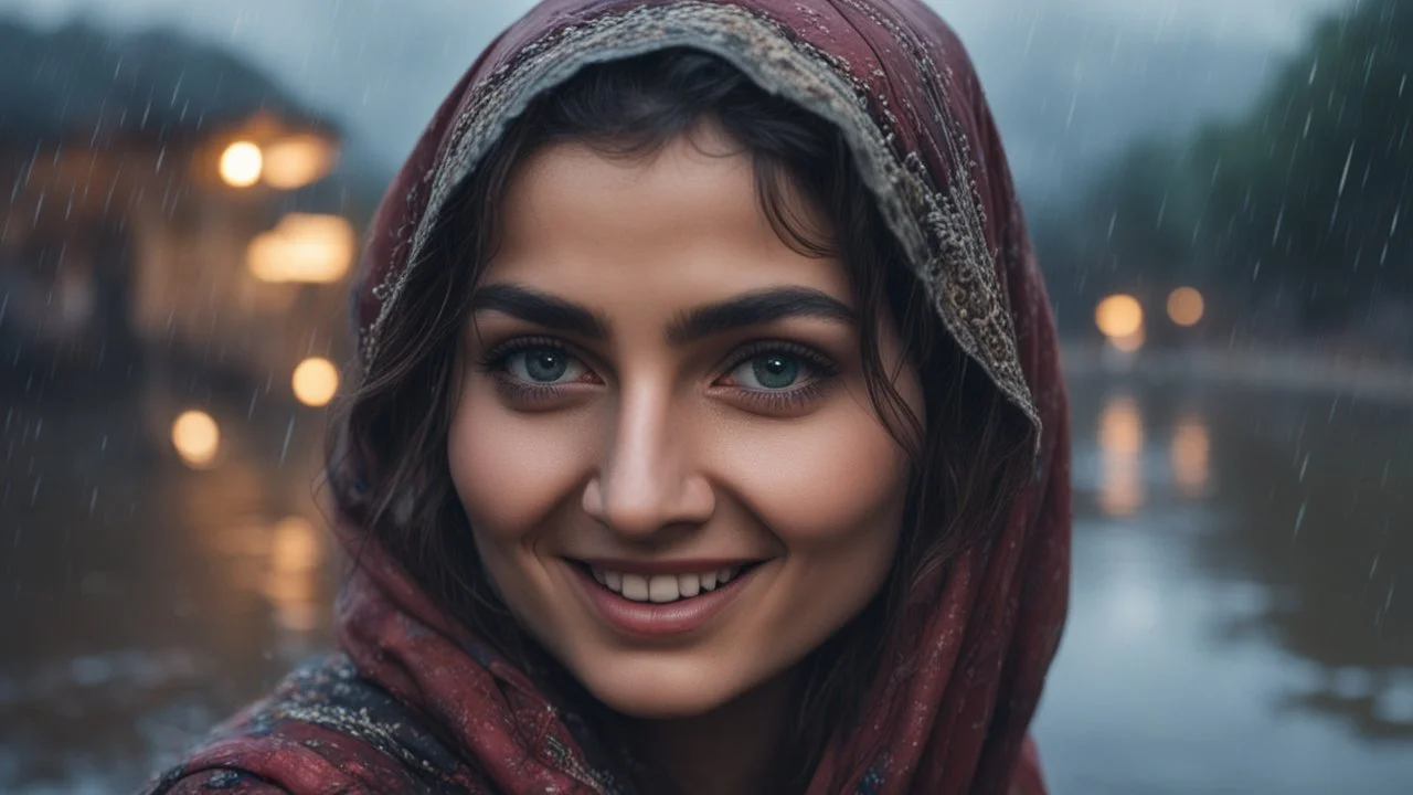 Hyper Realistic close-up-face-view of Beautiful-Happy-Pashto-Woman-with-beautiful-eyes whirling across the streets of her village riverside at heavy-rainy-night with dramatic-&-cinematic-ambiance