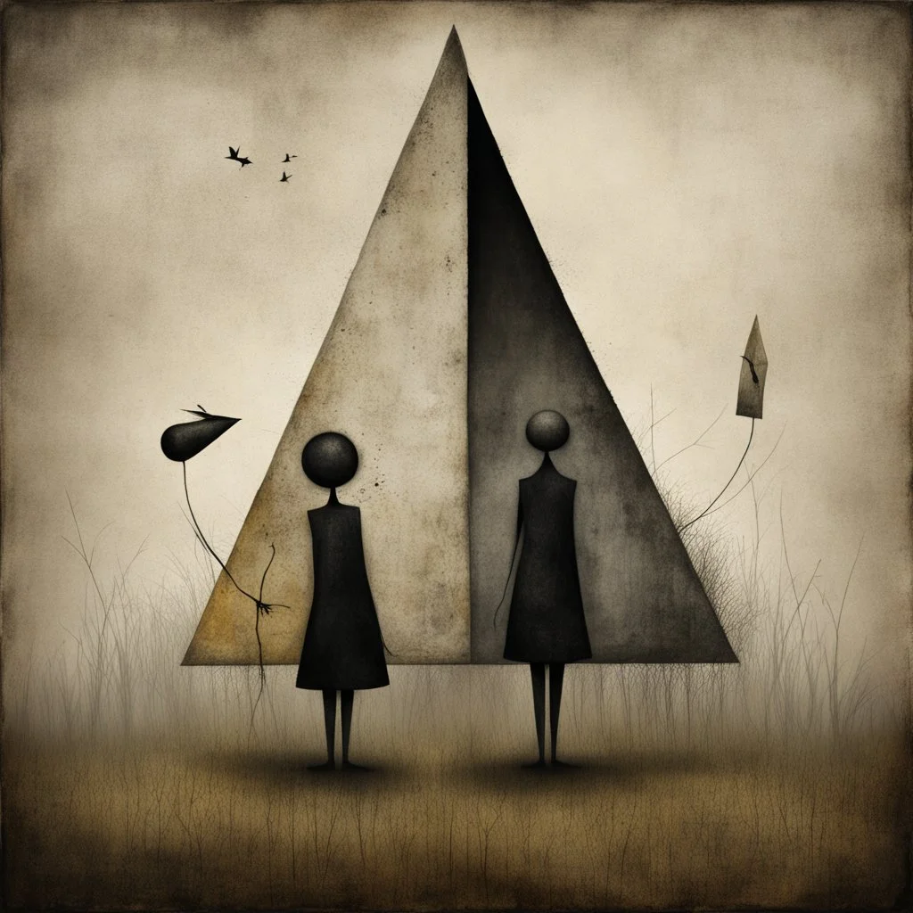 Style by Gabriel Pacheco and Joan Miro and Clive Barker, abstract surreal art, a metaphorical representation of an ephemeral triangular relationship to rivalry, lunatic grass shine textures, sinister, surreal masterpiece, dynamic diagonal layout composition, juxtaposition of the uncanny and the banal, sharp focus, weirdcore, never-before-seen