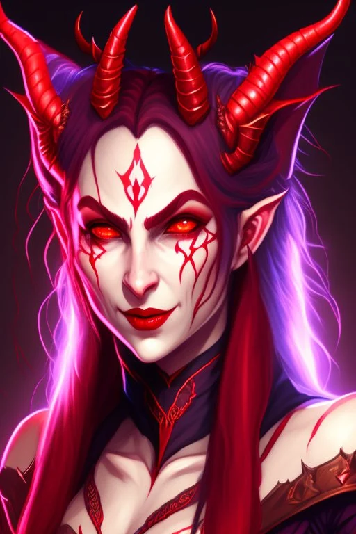 Portrait of a Dungeons and Dragons Tiefling girl with deep red sin, pretty, beautiful, symmetrical horns protruding fromn forehead, devil horns, smile, epic lighhting, cinematic, fantasy, , high quality, best quality, high definition, masterpiece, 8k, artstation, artwork, concept art