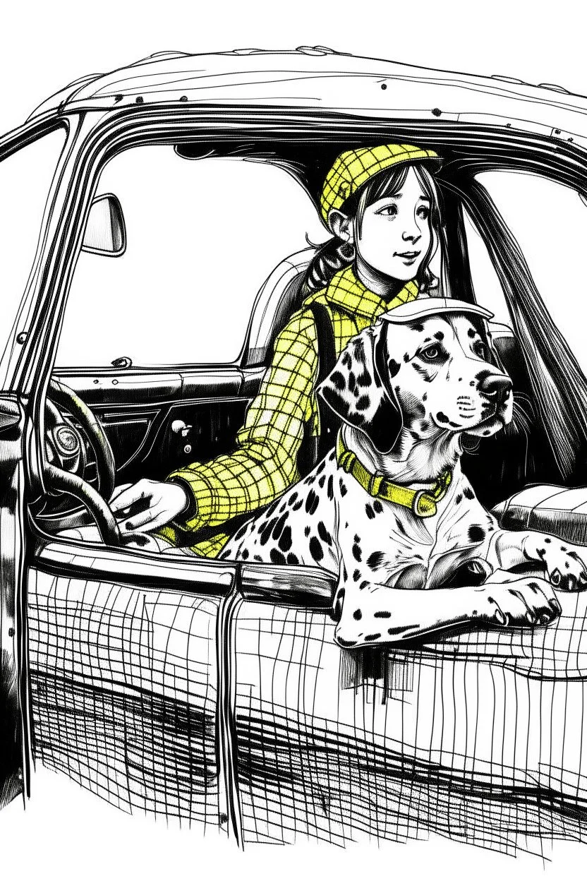 Ink sketch of a dalmatian dressed as a black cab driver resting one hand on the driving wheel and a young girl wearing an anorak sitting on the back seat