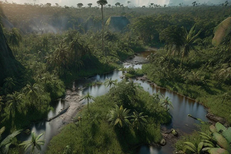 Extreme long shot, Birds Eye view, congo jungle landscape, smooth, god rays, unreal engine 5, ray tracing, RTX, lumen lighting, ultra detail, volumetric lighting