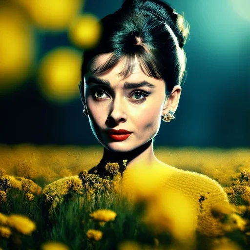 Audrey Hepburn with yellow flowers for hair, closed eyes, rtx, reflection, 8k, glow, winning photography, caustics