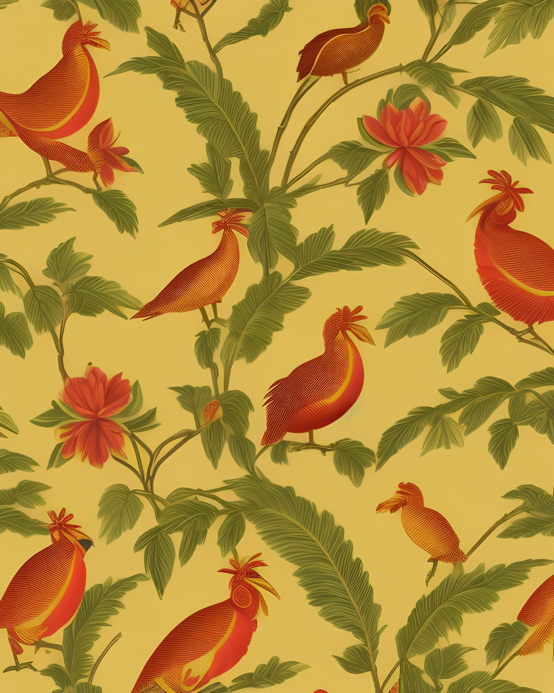 a repeating pattern of Vintage European chinoiserie wallpaper with dodo bird and oak leaf branches