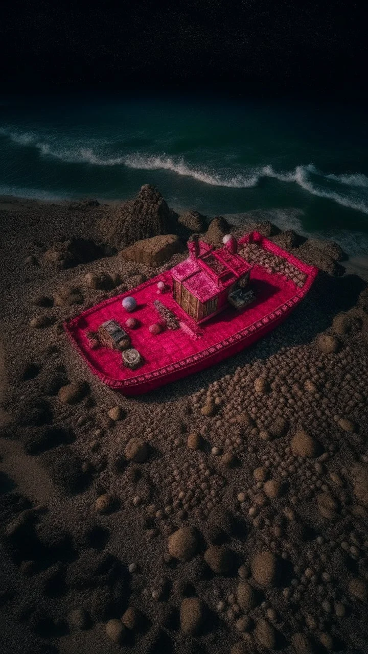 drone camera view of shipwreck, seashore, moonlit night, foam waves, stands out an ancient crown set with ruby and different indecipherable coins between salt and sand, a wig, gloves, a compass , an abacus, kodak, fuji film, hgtv, 12k ursa, cinematic