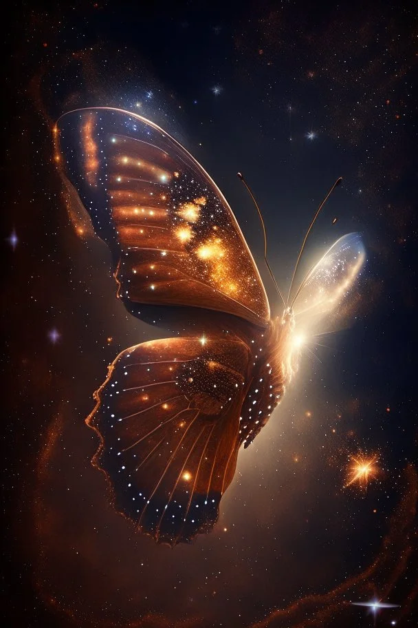 A light luminous brown butterfly in a galaxy of stars in space