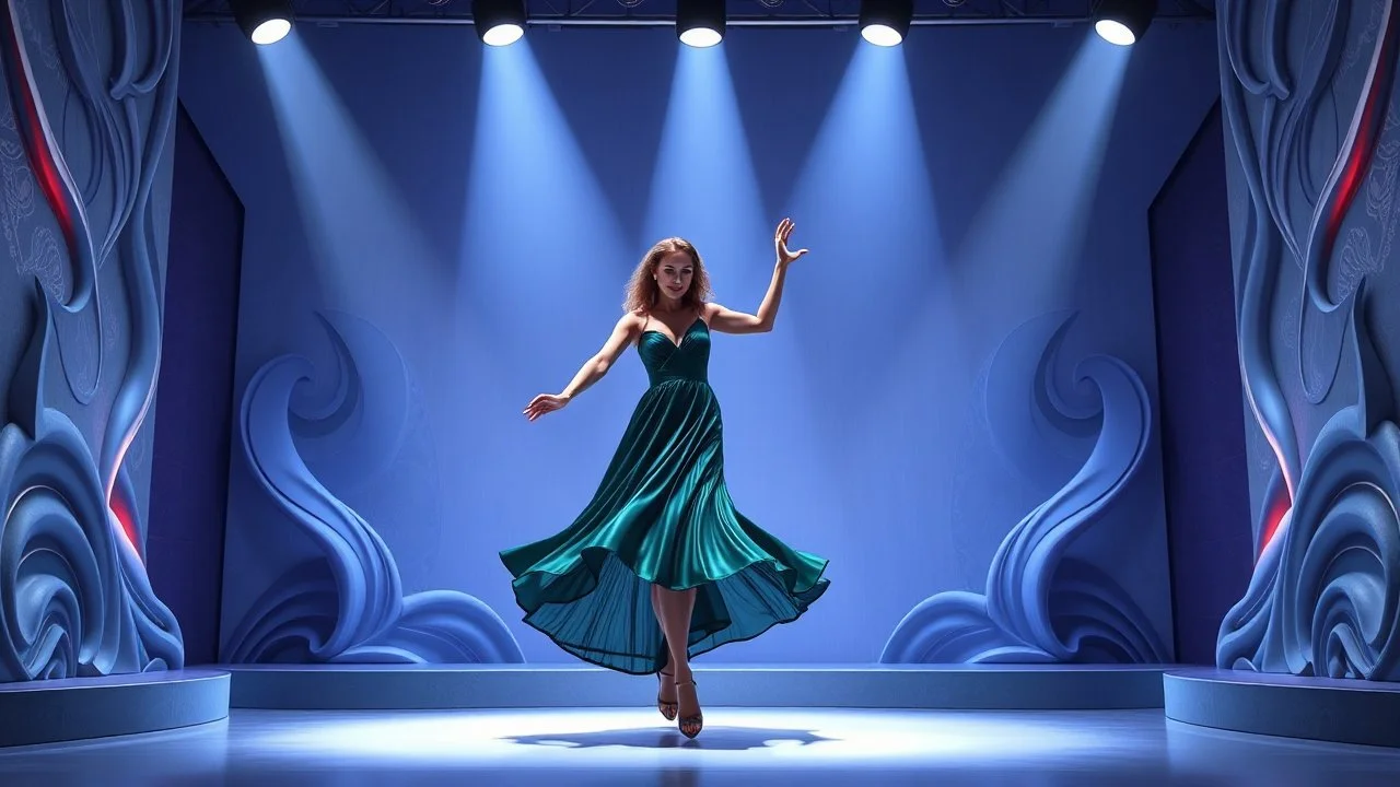 modern stage with gray-blue theme artistic decoration , color full dynamic lighting, a beautiful lady in modern maxy dark green dress with shining silvetr jwells dancing, 3D recursive fractal structure animating background