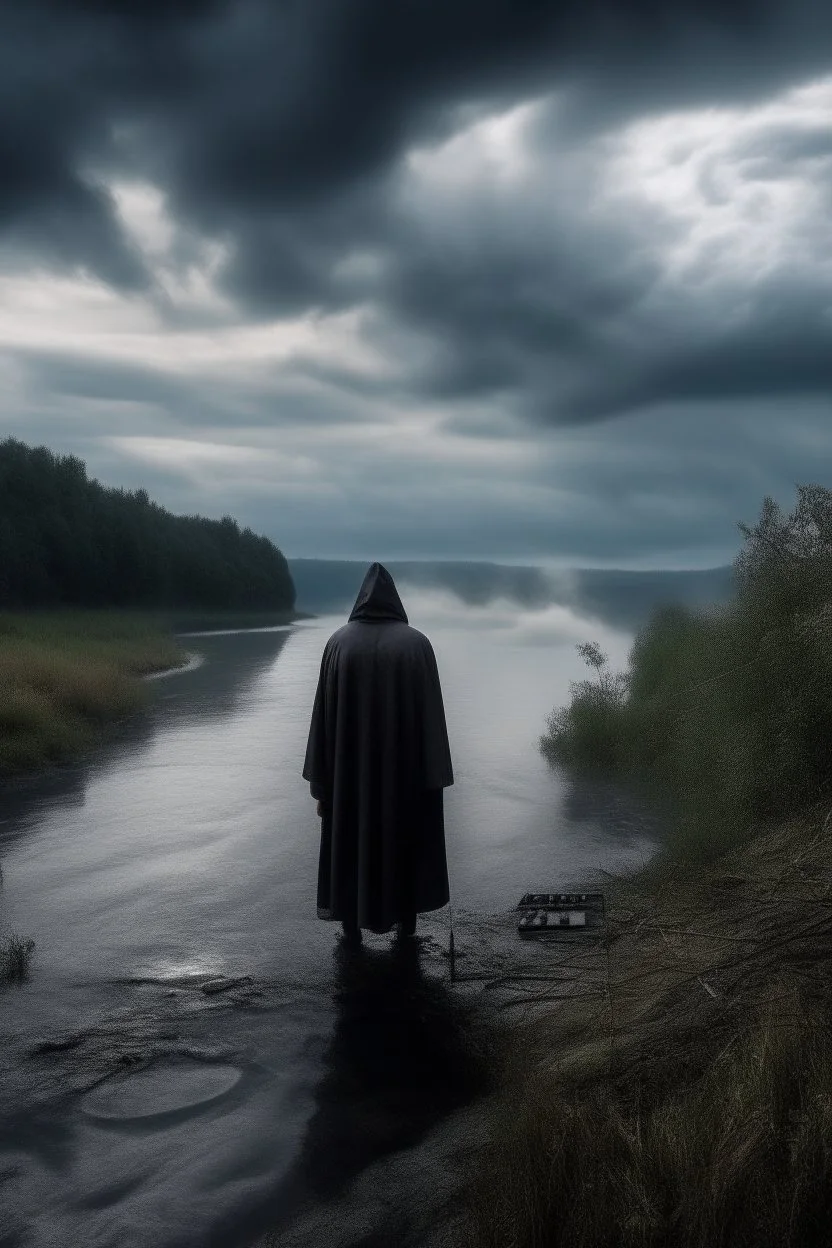 A hooded man standing on tbank of a torrent of river and clouds from far away gothic theme