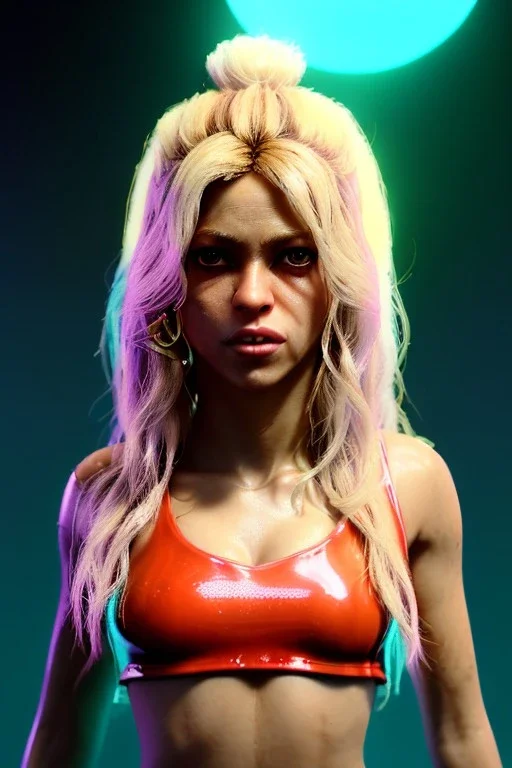 portrait, Shakira, blonde artist, angry, Realistic image, latex style dress. Skewers, loose long hair, eyes make up, perfect, glow, circle iris. Neon colors, leds, geometric shapes. Dark background, photo studio, neon lights. Cyberpunk, concept art, smooth, unreal engine 5, god lights, ray tracing, RTX, lumen lighting, ultra detail, volumetric lighting, 3d, finely drawn, high definition, 4k.