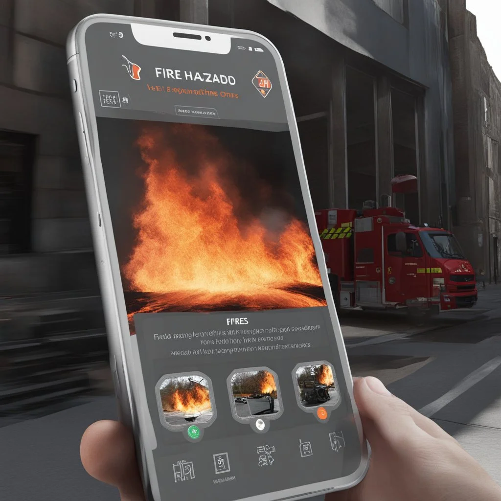 **Content Visual Art:** An augmented reality app that gamifies fire safety training. Users can scan their environment to identify potential fire hazards, practice extinguisher techniques on virtual fires, and learn evacuation procedures. The app features customizable difficulty levels and interface options to accommodate various disabilities. **Appearance:** Content art ideas combine fire safety training, types of fires, equipment usage, and public awareness, with a focus on inclusivity and disa