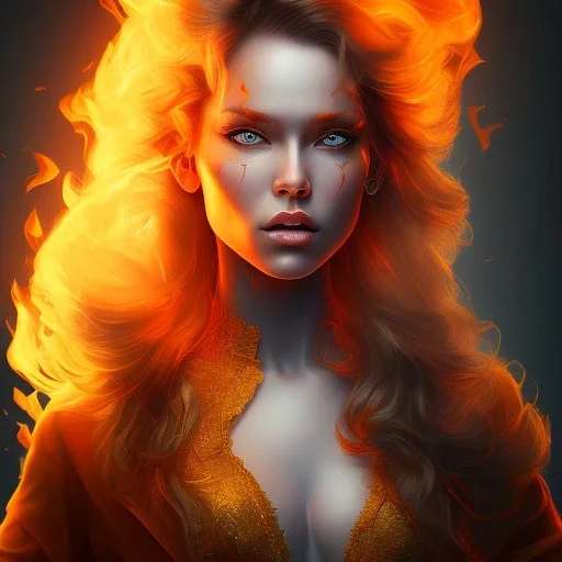 Portrait of a Lady on Fire, full body, hyper realistic, illustrated,