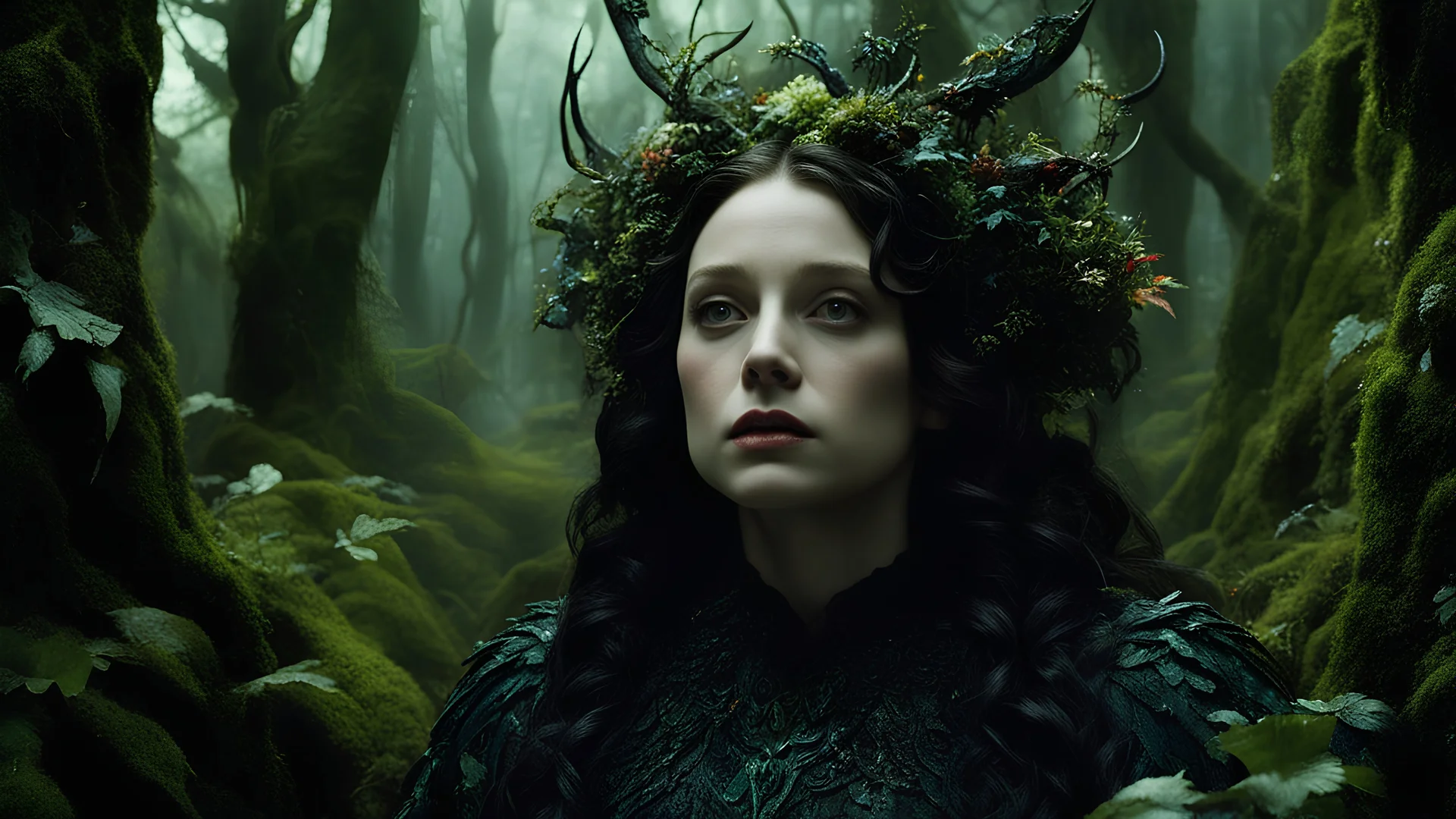 cinematic still, filmed by Guillermo del Toro, Amidst a deep dark forest, an enigmatic being appears--an amalgamation of flora and fauna, with vines for hair, eyes gleaming like embers, and skin adorned with iridescent scales