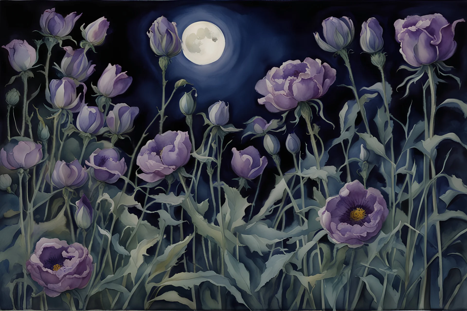 Night, purple flowers, moon, gothic horror films influence, albert durer watercolor paintings