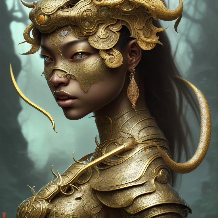 Sango fantasy, fantasy magic, intricate, sharp focus, illustration, highly detailed, digital painting, concept art, matte, art germ and Paul Lewin and Kehinde Wiley, masterpiece Indonesian lady head bronze tiger Asian African girl nice breast Thai hair turquoise silver waves