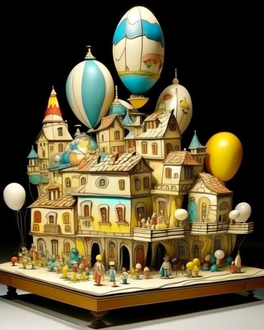 An ivory town made out of toys with balloons painted by Pablo Picasso