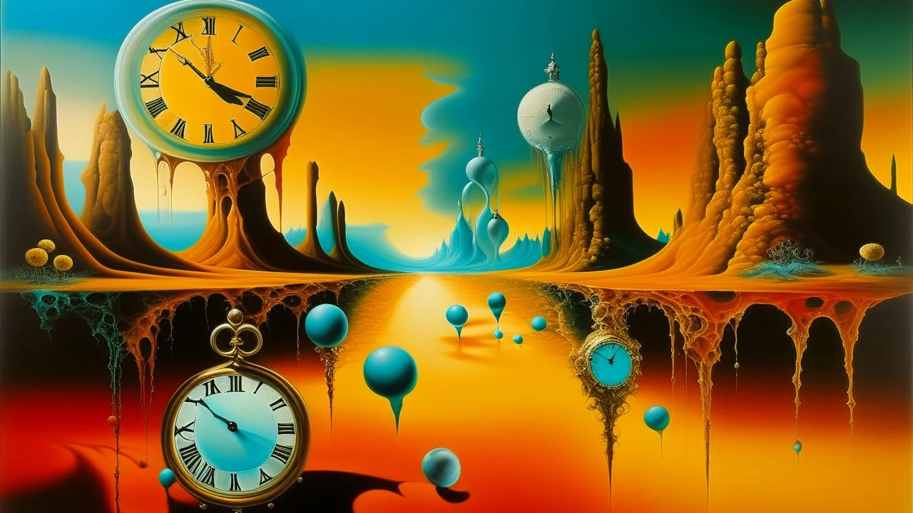 Dreamlike surrealism art, featuring melting clocks and floating elephants, vibrant colors, by Salvador Dali and Rene Magritte, abstract style, intricate details, thought-provoking imagery.