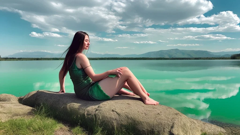 woman sitting on a rock, in a lake, green mottled skin, green hair, blue sky, white clouds