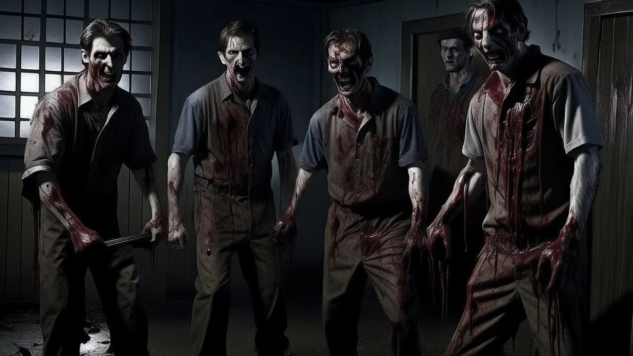 4 men zombies in adark room bloody help stand behined