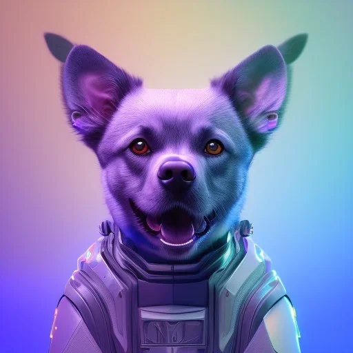 A beautiful portrait of a cute cyberpunk dog purple blue color scheme, high key lighting, volumetric light