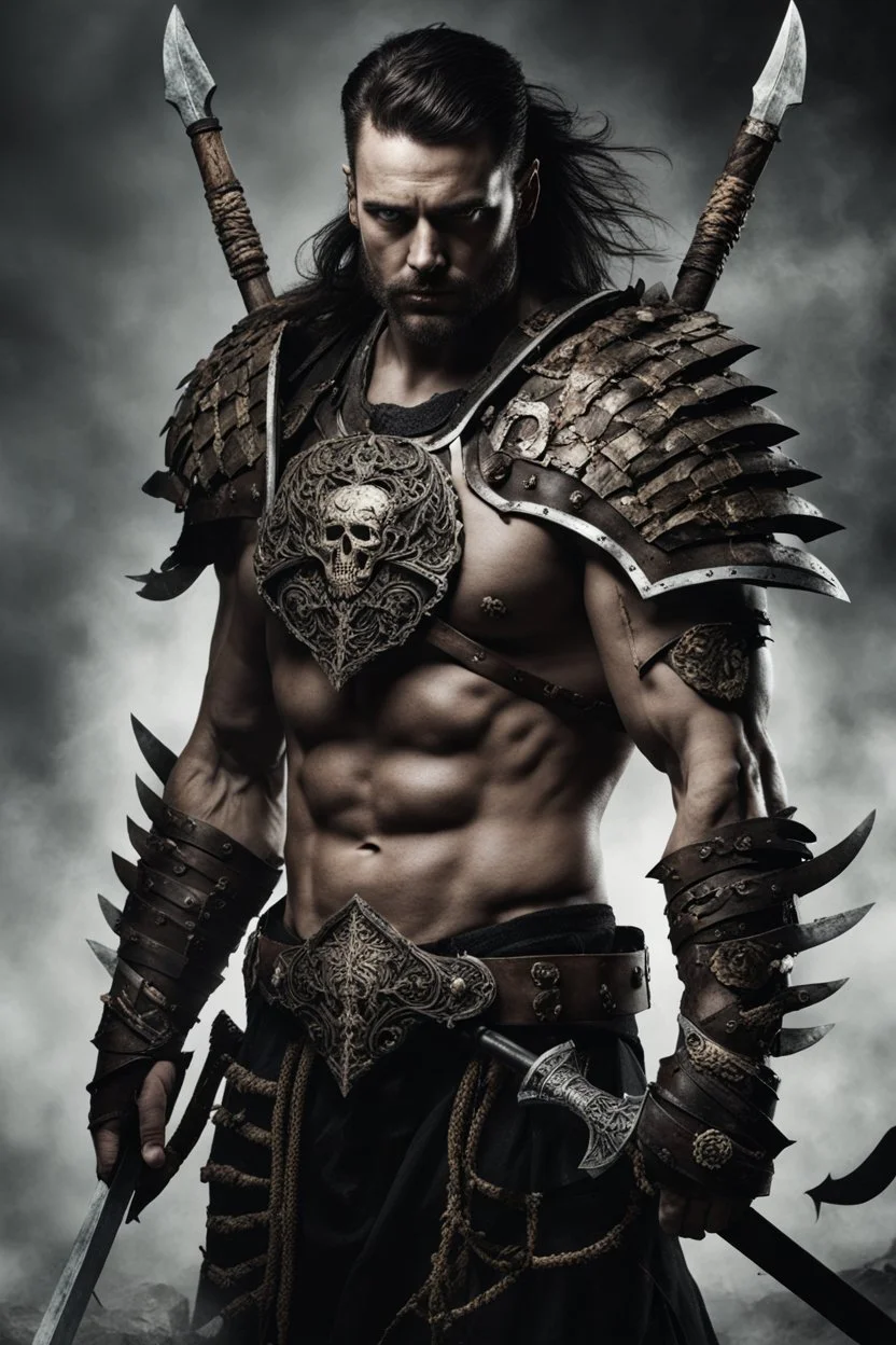 an insane warrior with his chest made of bones. dark horror setting.