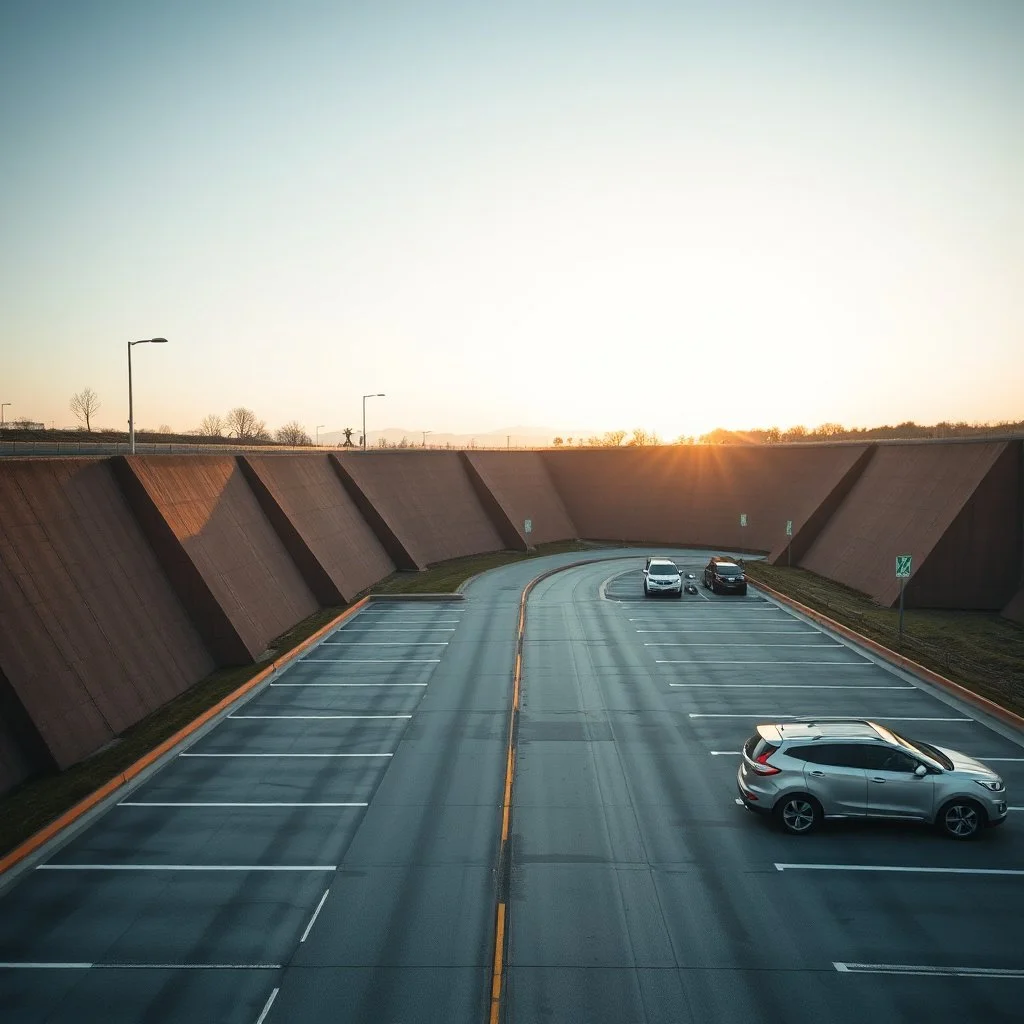 Highway rest area with steep walls and empty spacious parking spaces