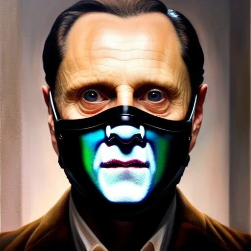 Ultra detailed fullbody Portrait in oil on canvas of Hannibal Lecter with mask, extremely detailed digital painting, extremely detailed face,crystal clear Big Glowing eyes, mystical colors ,perfectly centered image, perfect composition, rim light, beautiful lighting, 8k, stunning scene, raytracing, anatomically correct, in the style of robert e howard and Ken Kelley and Ohrai Noriyoshi and Simon Bisley and tomzj1