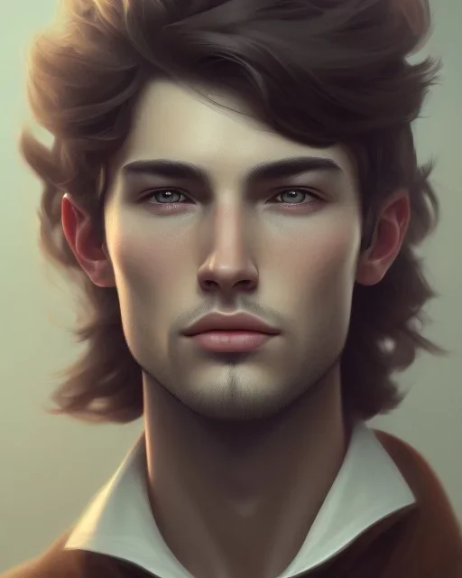  boy, cute, young, brown hair, brown eyes, medium hair, head and shoulders portrait, head and shoulders portrait, 8k resolution concept art portrait by Greg Rutkowski,