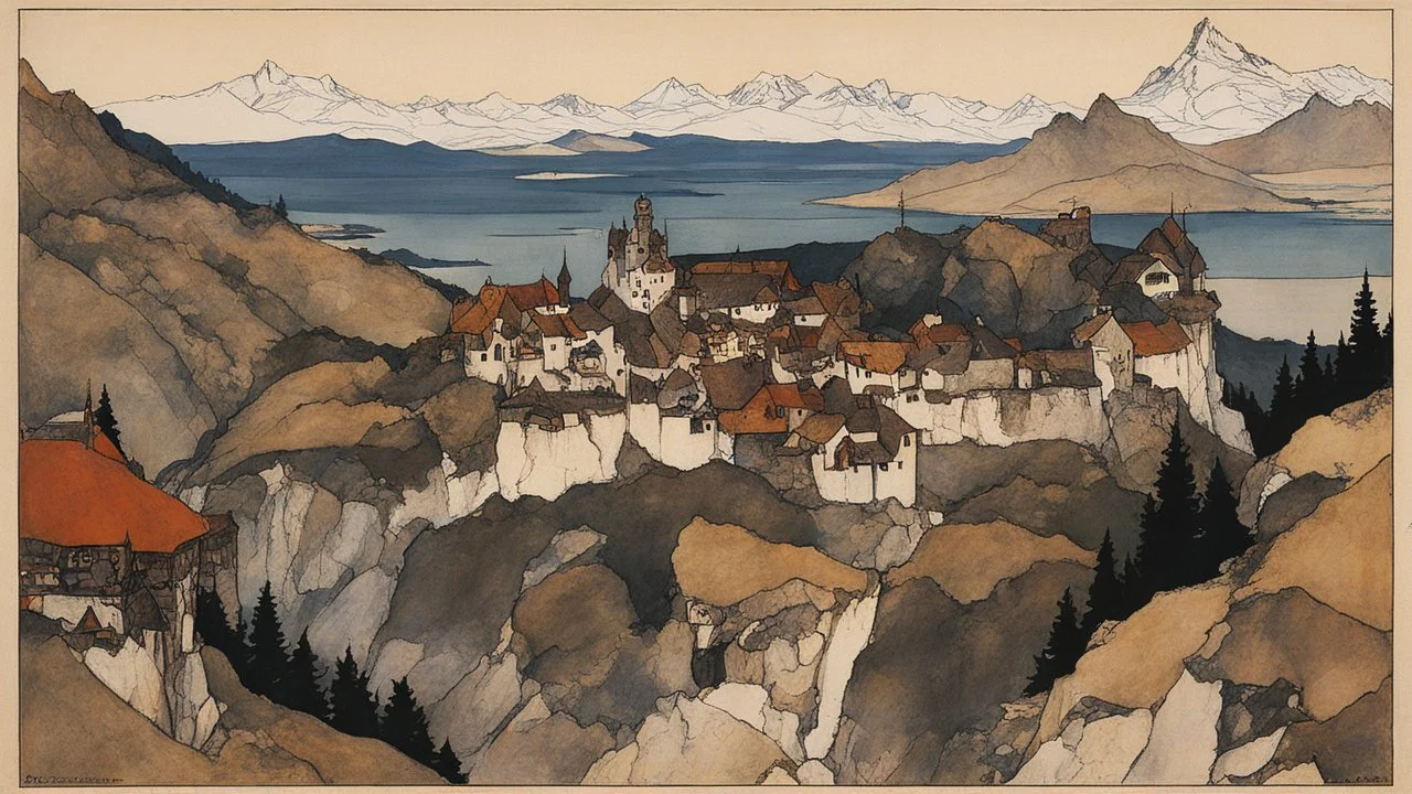 [poster by Egon Schiele] an heroic fantasy landscape from dungeon world