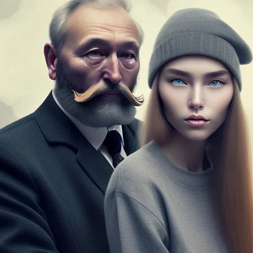 a young woman sitting next to a 50-year-old man with beard, portrait, 8K, close-up face, anatomically perfect face, Highly detailed stunning full frame portrait, misty and cloudy atmosphere