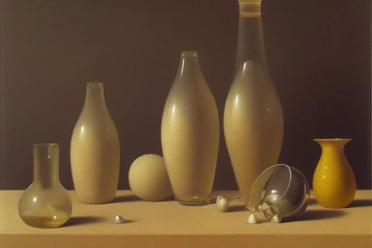 A still life with glass bottles and a glass vase in sand dunes by Giorgio Morandi