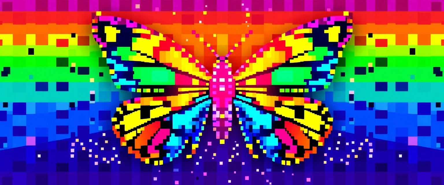 a qr code that looks like a space invader butterfly with colors from the rainbow spectrum