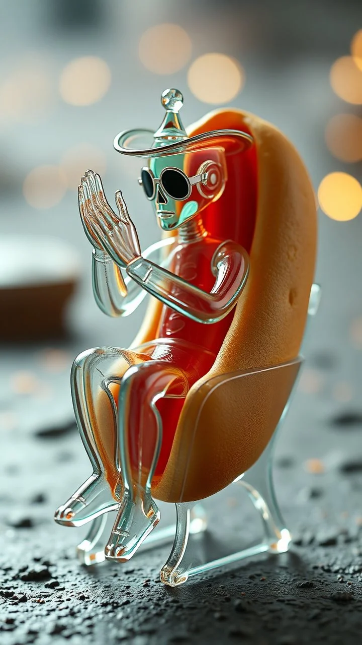 dancing glass cowboy praying riding a spectroscopy of a transparent hot dog sitting in a bread chair made by a transparent god, take a bite its alright in the style of Giger, bokeh like f/0.8, tilt-shift lens 8k, high detail, smooth render, down-light, unreal engine, prize winning