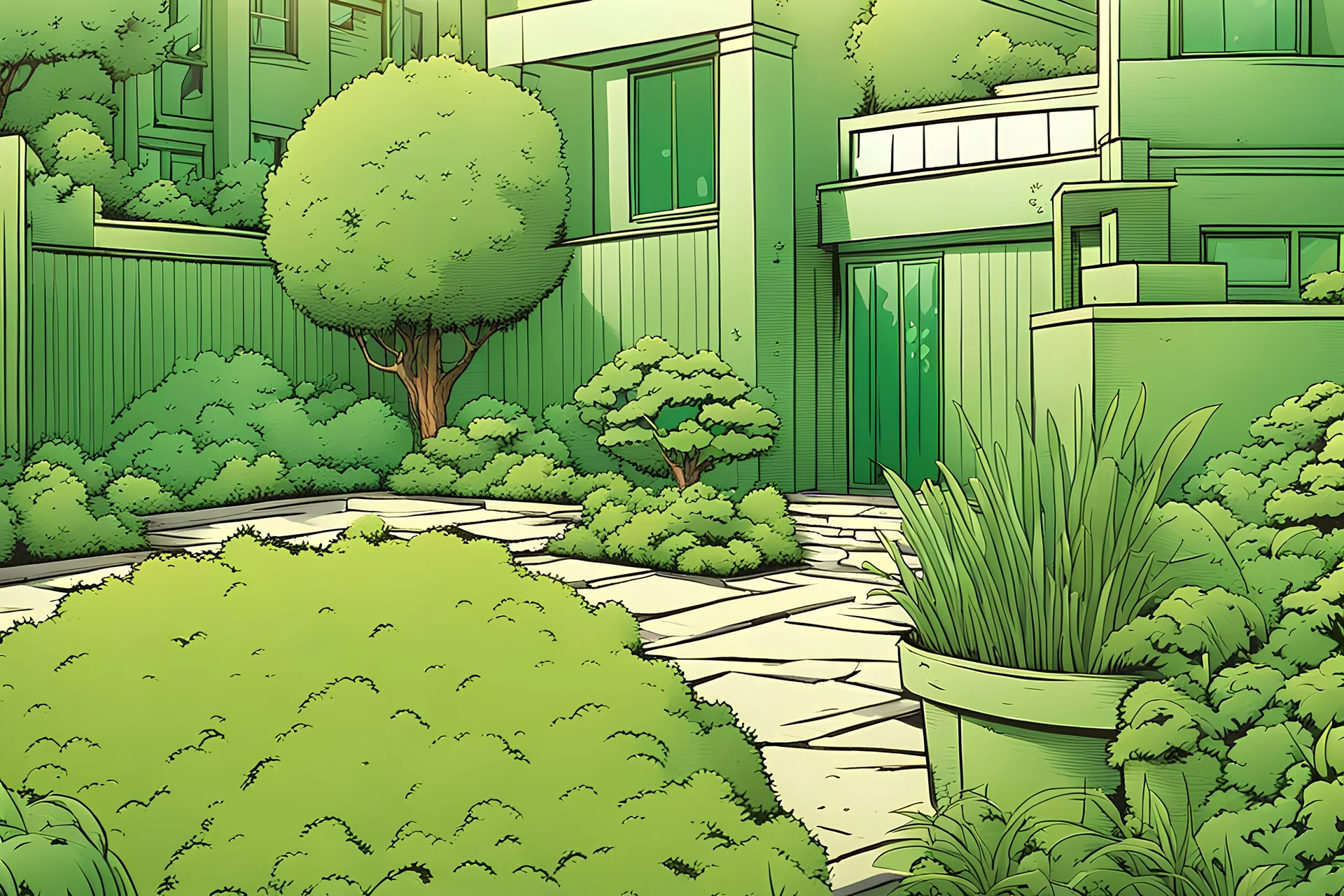 comic style, a green garden, close-up, outside