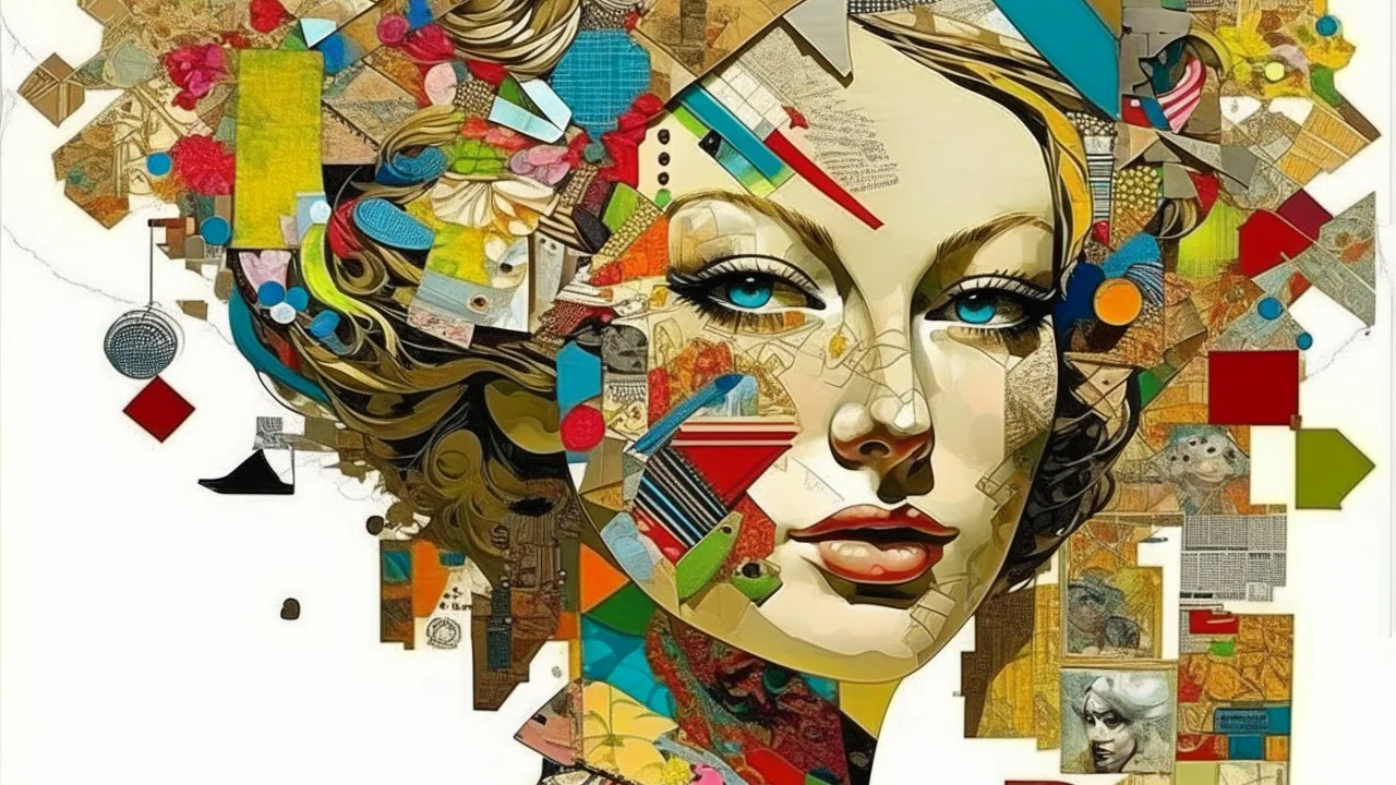 A visually striking mixed media collage of a beautiful woman. Small pieces of torn multi-colored paper and other media form intricate details. The collage exudes creativity. masterpiece, extremely detailed. By Grayson Perry | Derek_Gores | Caros_Lines | Catrin_Welz-Stein mid-century modern collage made of random shapes cut from pages of fashion and science magazines and textbooks, trending on Instagram, Dan_Mumford, DAZ, hyperrealistic octane render, dynamic lighting, intricate detailed