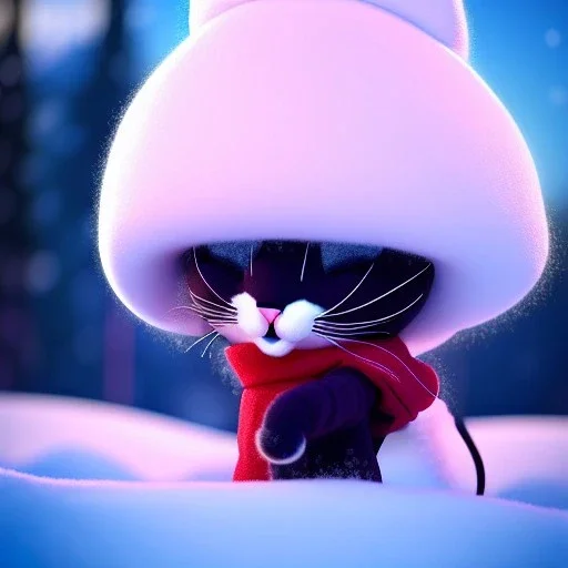 Cute fumo plush of a beautiful anthropomorphic cat girl wearing a puffy jacket in a winter wonderland; beautiful full volumetric lighting, cinematic illumination, brilliant coloring, smooth, sharp focus, crispy quality, vray; Pixar, Disney, Artstation; HD, HDR, SF, CGSociety, 16k, photorealistic, unreal engine