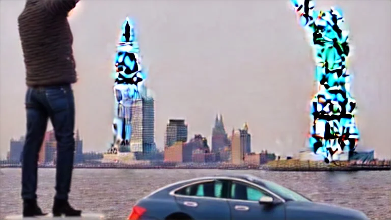 A Tesla's 'Model S Plaid' is performing donuts, under the Statue of Liberty, in New York city. CINEMATIC. WIDE ANGLE LENS.