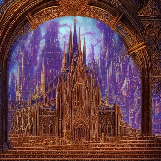 model of grand cathedral made of gingerbread and crushed, vibrant rock candy as stain-glassed windows, 8k resolution, centered, high-quality, ultrafine-detail, ornate, digital art, flickering light, baroque, detailed matte, volumetric lighting, illustration, 3D octane render, brian froud, howard lyon, George Grie, greg rutowski,