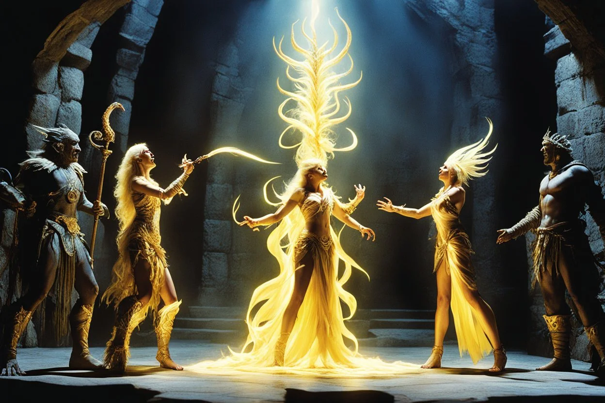 (crazy psychedelic high res photo by Ray Harryhausen) Deities confrontation in a dungeon: Canna's hand rises, fingers outstretched. The golden light concentrates into a glowing tendril that whips through the air like a living thing. The White Witch shifts her weight slightly, but doesn't back away as the tendril wraps around her throat—not crushing, but testing. The golden light pulses against her pale skin.w_triangle_warn