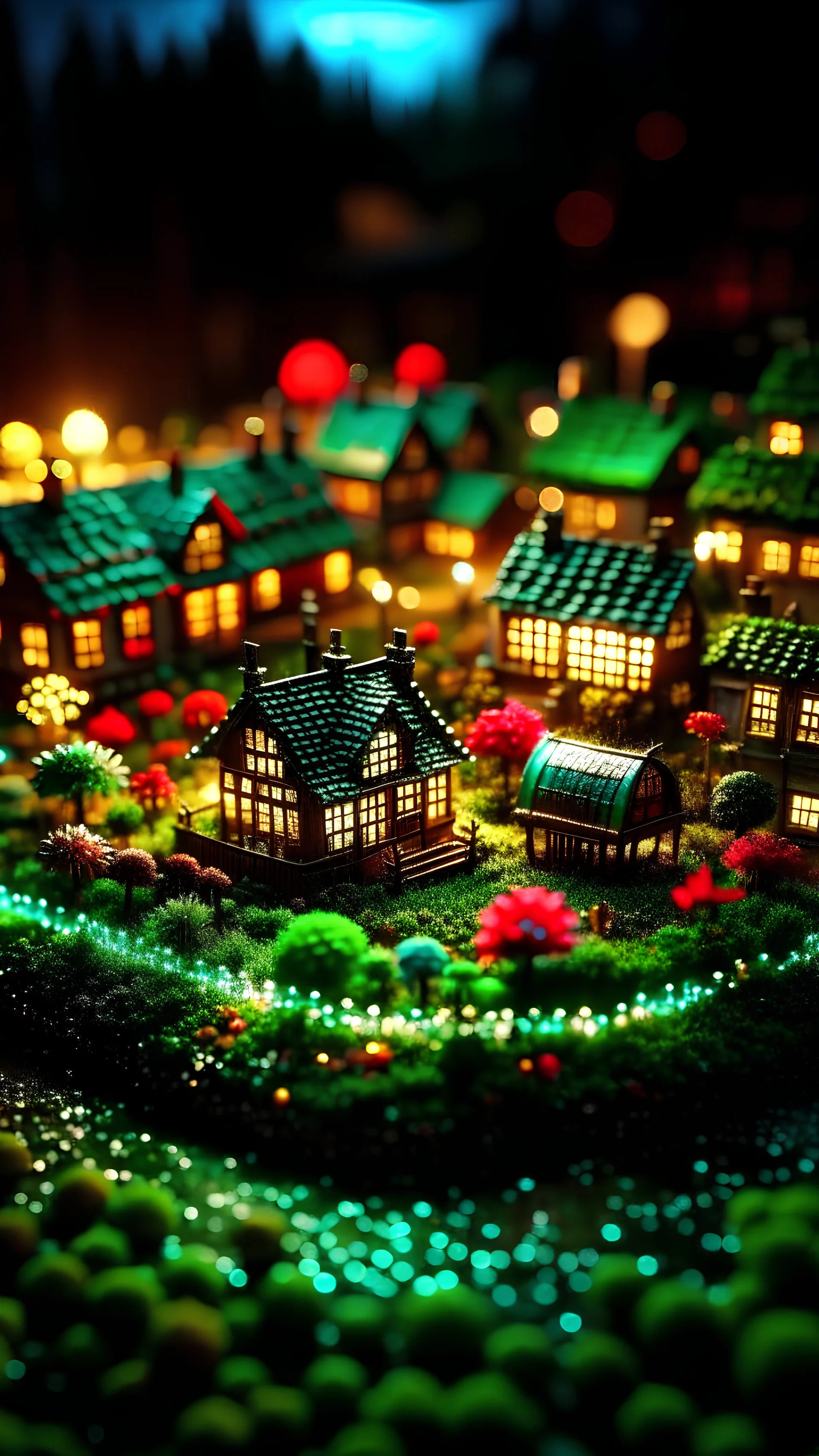 Tilt shift 3d holographic editorial photo: さよなら, scenic view of a beautiful Christmas, cottage in an orchard green grass, colourful christmas tree, Christmas ornaments glitters, white snow, chiaroscuro, dramatic lighting, intricate details, scifi fairytale, surrealism, by ilya repin, by mike mignola, highly detailed oil painting, brush strokes, complex composition, warm color palette, Art by J. C. Leyendecker, John Williams Waterhouse, Tom Bagshaw, Maxfield Parrish, Ellen Segn