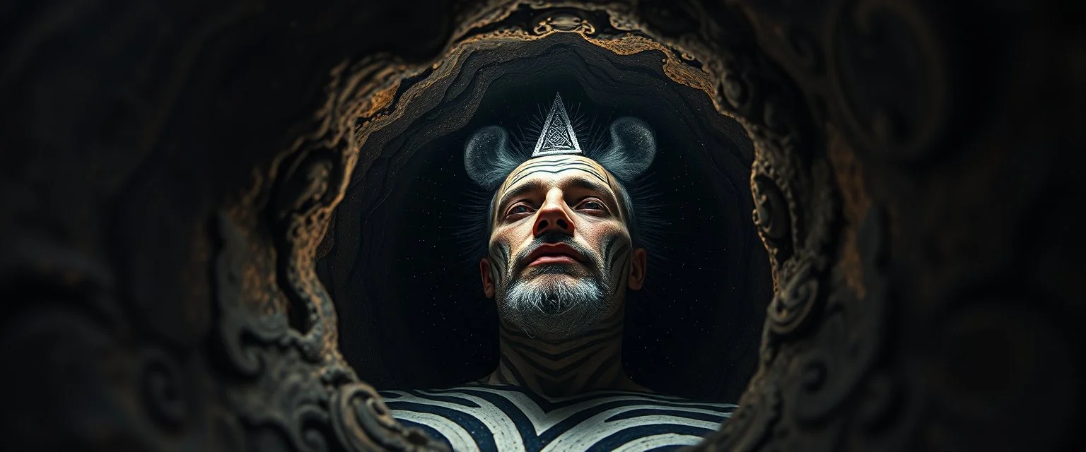 pinhole pic into 4th dimension ,awake within a dream, portrait of ascended chakra master blaster, master oil painting by Rembrandt, escape route from our dimensions, hidden even to the demiurge, zebra worm hole