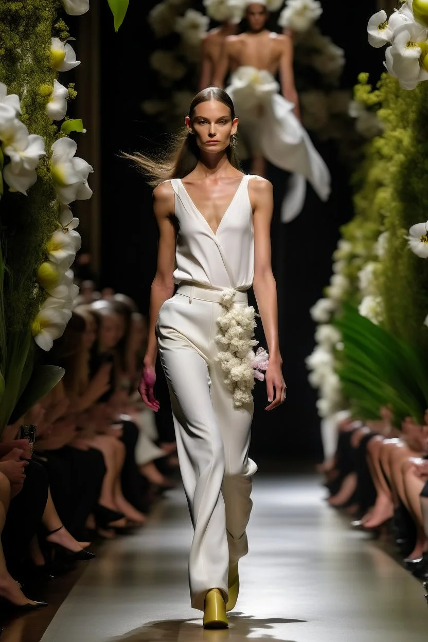 Model in runway with orchids like principal e