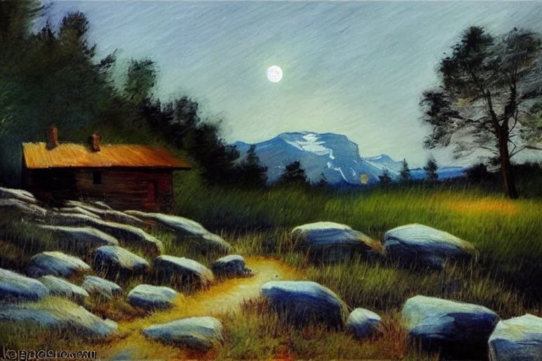 Night, moon, cabin, pathway, rocks, grass, trees, distant trees, distant mountains, lesser ury impressionism pianting